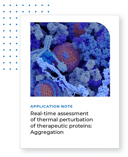  Microscopic view of cells with text "Application Note: Real-time assessment of thermal perturbation of therapeutic proteins: Aggregation"