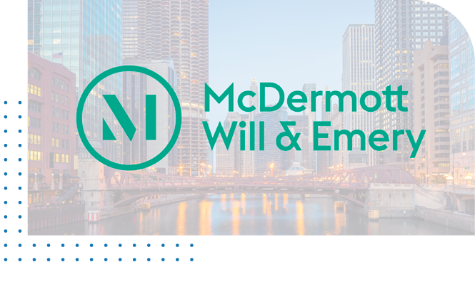McDermott Will & Emery logo on top of city scape McDermott Will & Emery logo on top of city scape