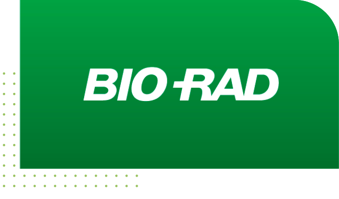 white Bio Rad text on top of green background