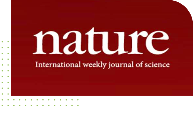 white text of Nature International weekly journal of science in top of maroon background